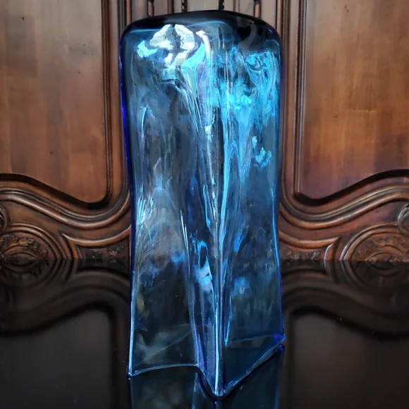 1980s Blenko 10 1/4" Azure Blue 💙 Paper Bag Vase - Picture 11 of 12